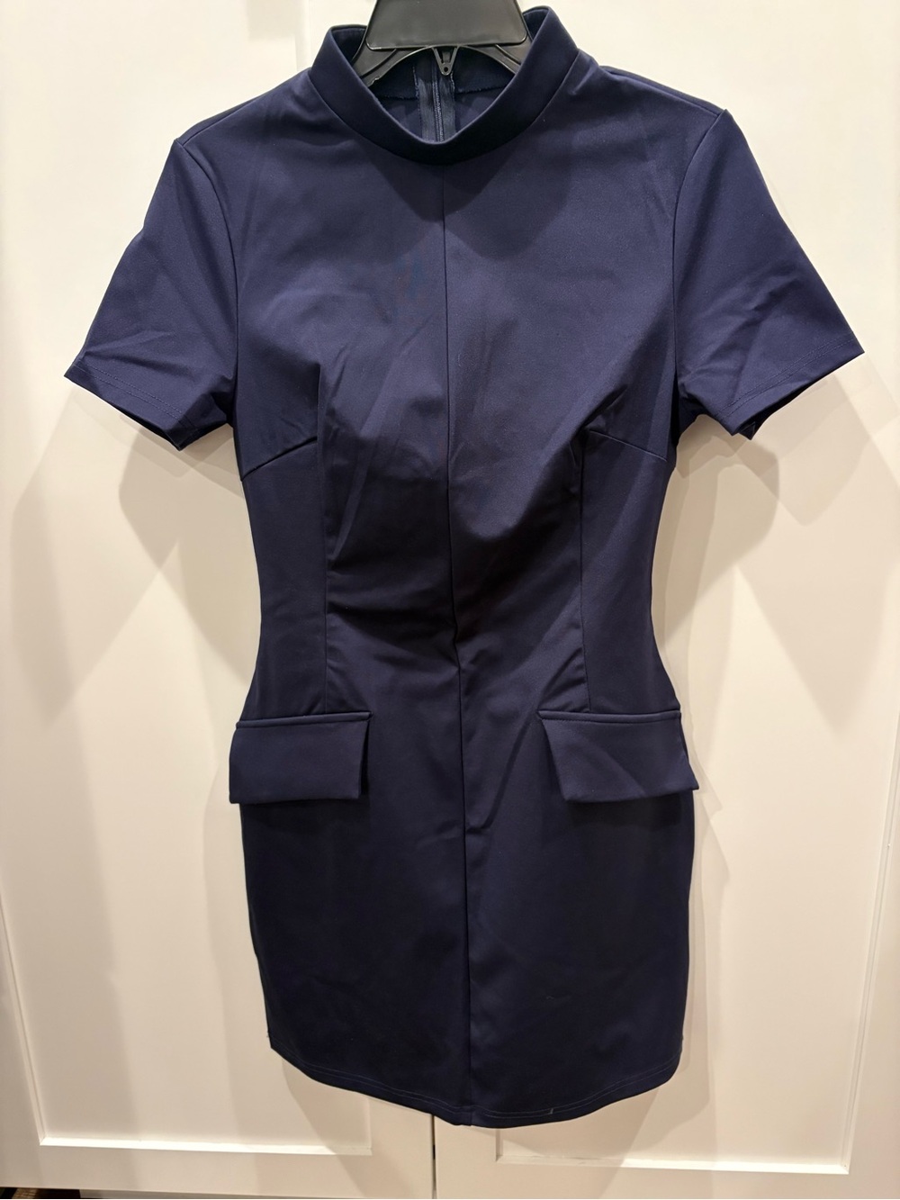 Navy Short-Sleeve Structured Sheath Dress